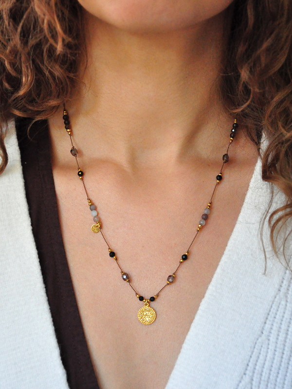 Naszyjnik regulowany z agatu botswana, czarnego turmalinu i kwarcu dymnego - złoty