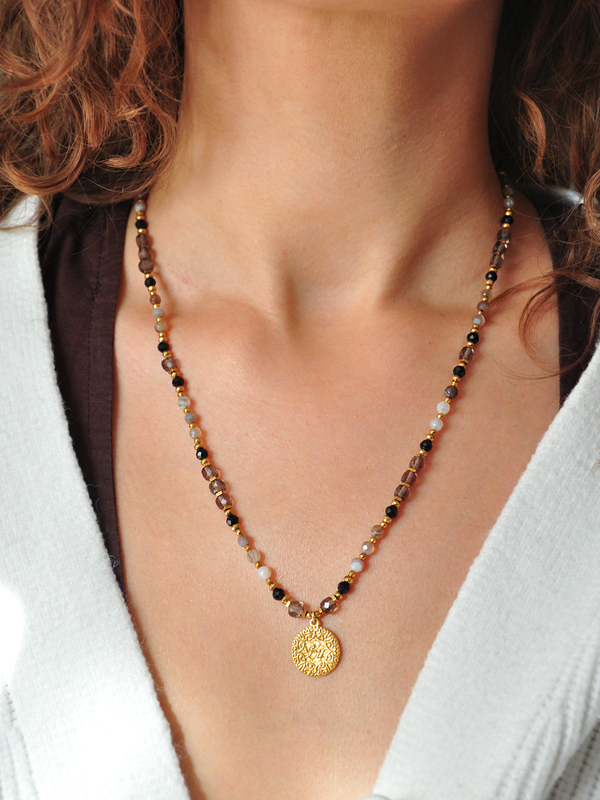 Naszyjnik regulowany PEŁNIA z agatu botswana, czarnego turmalinu i kwarcu dymnego - złoty