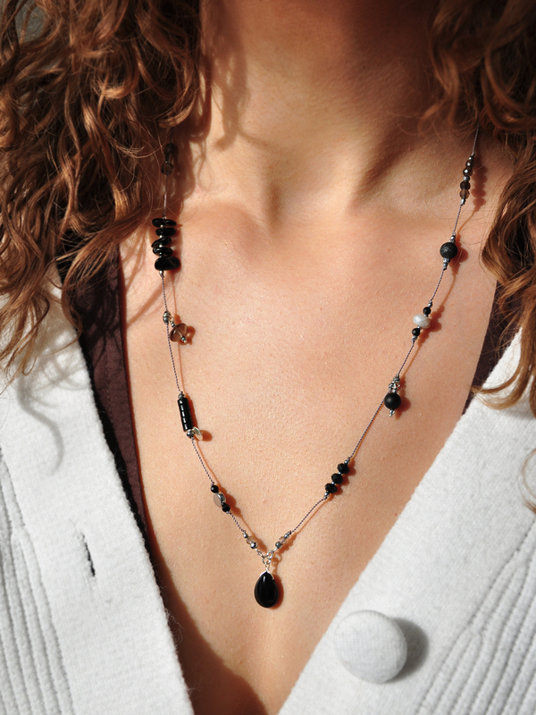 Naszyjnik BALI z agatu botswana, czarnego turmalinu, kwarcu dymnego i onyksu - srebrny