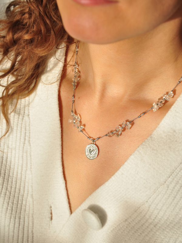 Naszyjnik regulowany Serce z kryształem górskim - srebrny