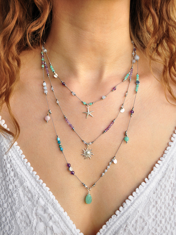 Naszyjnik regulowany z amazonitu, ametystu i chalcedonu - srebrny