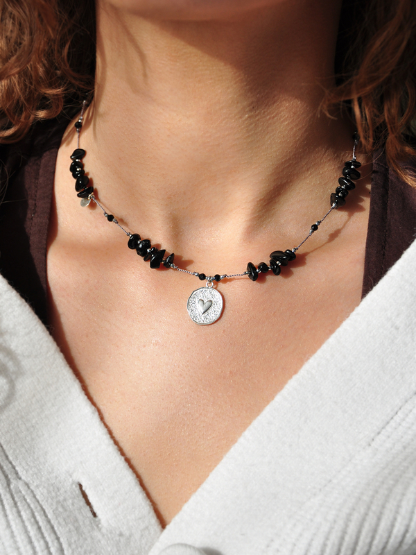 Naszyjnik regulowany Serce z czarnym turmalinem - srebrny