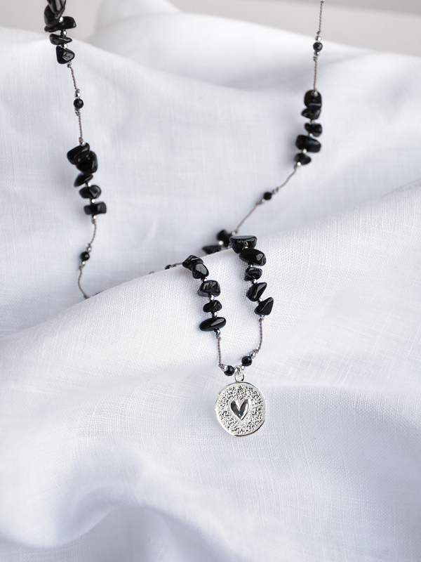 Naszyjnik regulowany Serce z czarnym turmalinem - srebrny